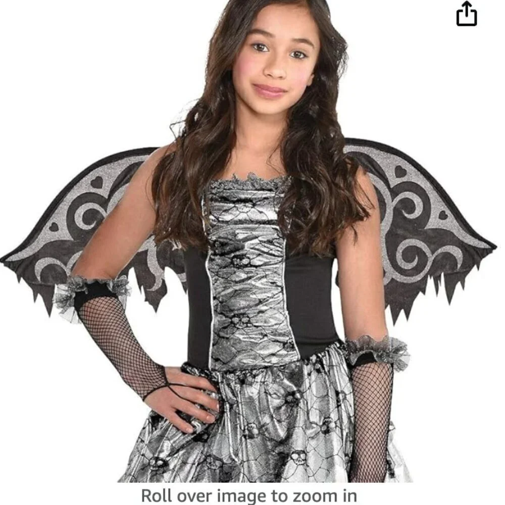 COSTUMES USA Black Silver Fallen Angel Dark Fairy Princess Wings Halo Dress XL